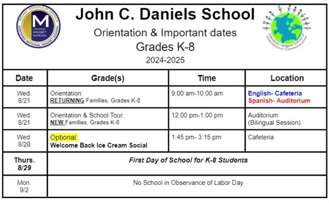 24-25 K-8 Orientation Schedule